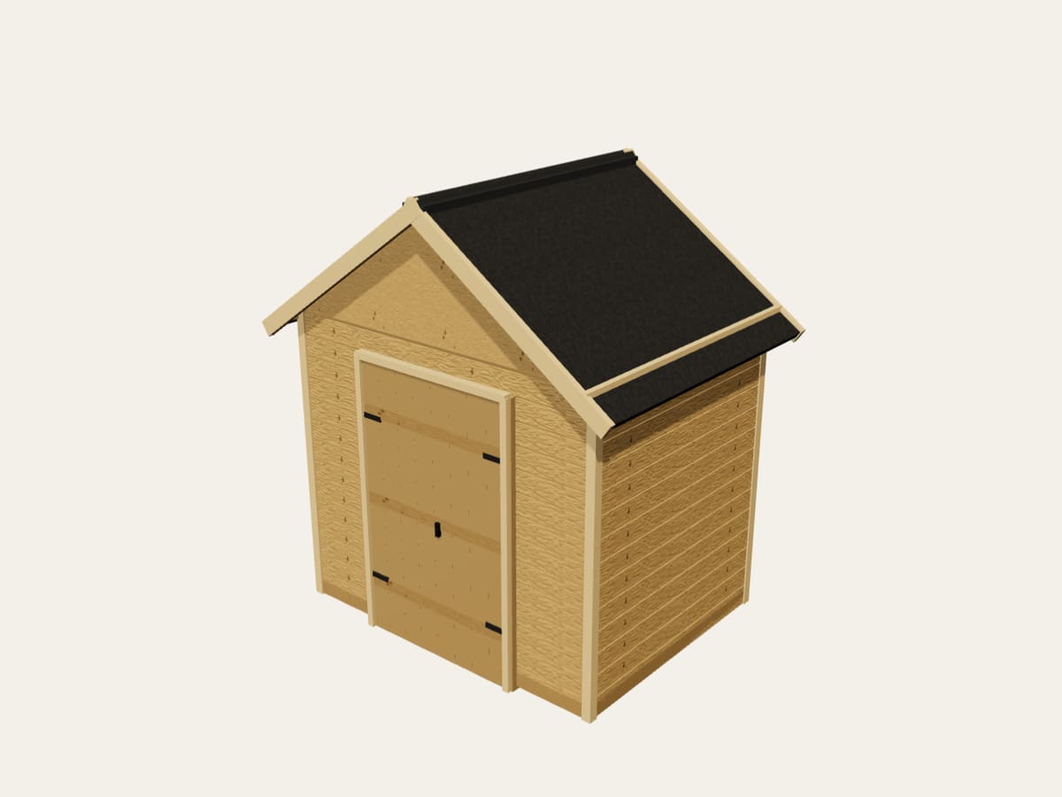 The Workbench 3D viewer showing an 8 by 6 foot apex shed with shiplap cladding and a double door